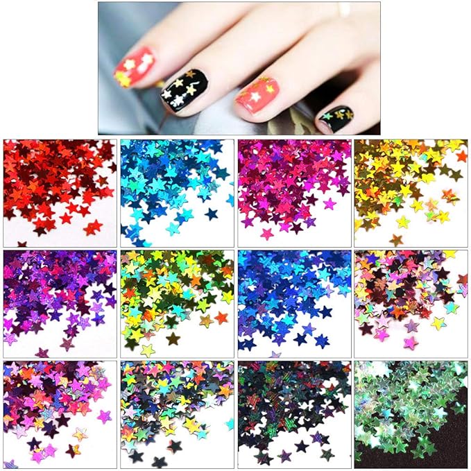 DIY 12pcs Color Set Nail Sequins Laser Star Shape Glitter Flakes Manicure Art Decoration Accessories Tools LB-Star
