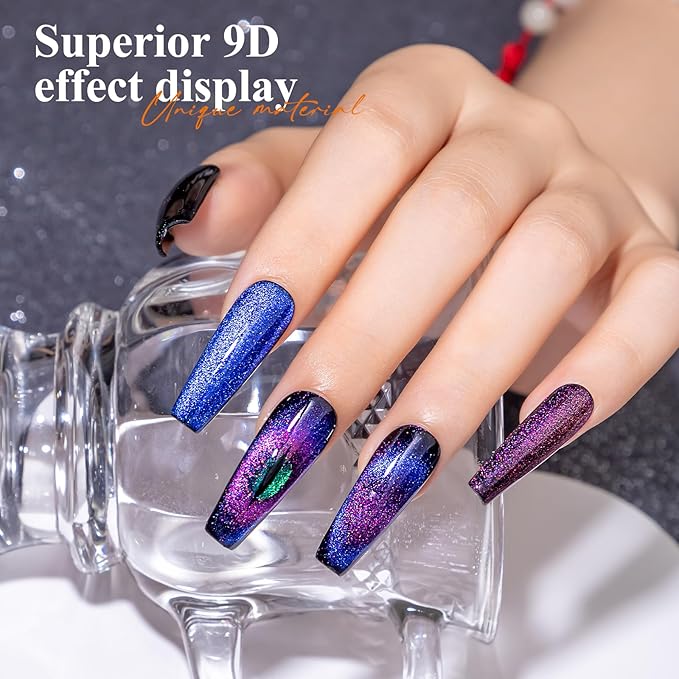 MIZHSE 60ml 9D Cat Eye Gel Nail Polish Set, Glitter Chameleon Magnetic Gel Nail Polish with Black Base Coat 2 Magnet Sticks, Galaxy Effect,Soak Off LED Nail Art Manicure Salon DIY Valentine's Gifts