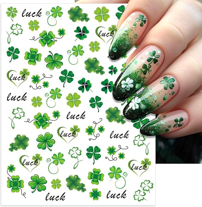 St. Patrick's Day Nail Art Stickers, Irish Shamrock 3D Self-Adhesive Nail Decals Lucky Clover Design (4 Sheets)