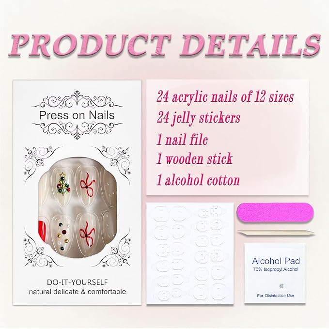 Christmas Press on Nails Medium Almond MABKJLF Fake Nails False Nails with Xmas Tree Bow Pearls Rhinestones Designs Glossy Glue on Nail Winter Full Cover Acrylic Nails for Women Girls 24Pcs