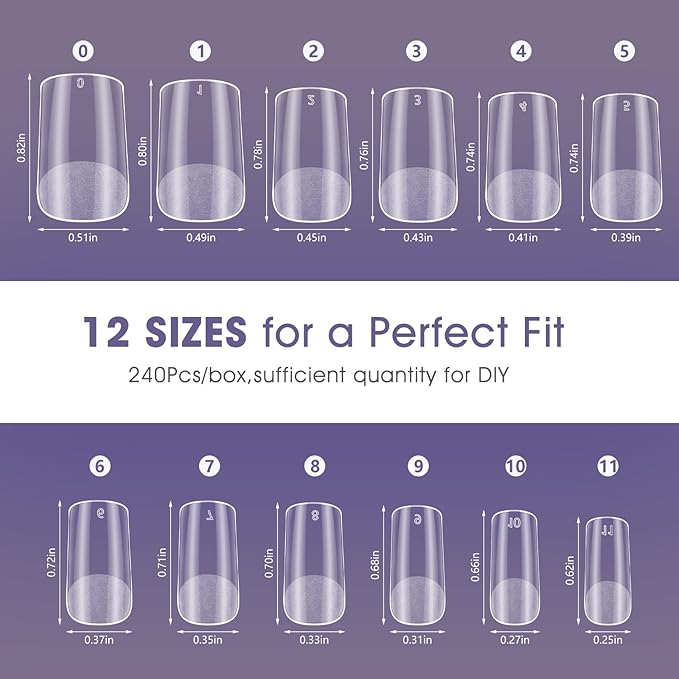 Short Square Gel Nail Tips: 240 PCS Pre-Shaped Full Cover False Square Nails Tips Acrylic Clear Fake Nails Extension for Nail Manicure Home DIY Women 12 Sizes