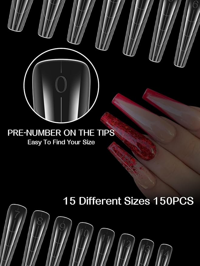 TOROKOM 150PCS Coffin & Stiletto Dual Forms for Poly Nail Gel, Clear Acrylic Nail Tips, Full Cover Reusable Nail Molds, 15 Sizes, Salon & DIY