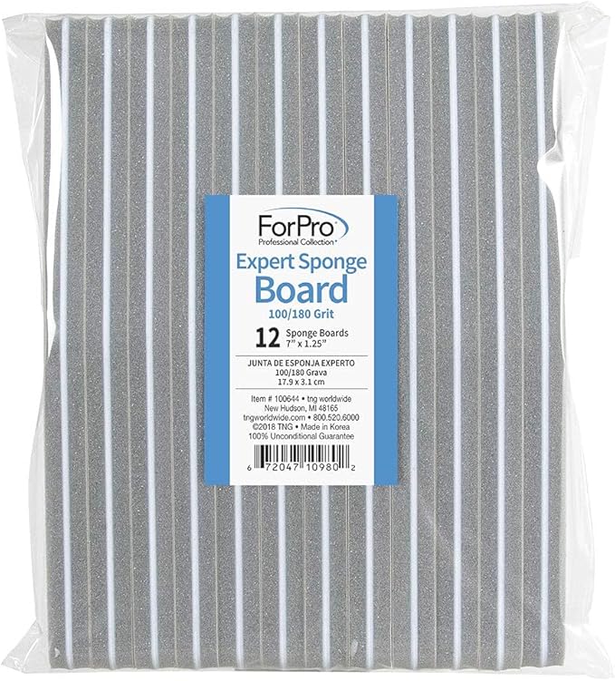 ForPro Professional Collection Expert Sponge Board, 100/180 Grit, Double-Sided Nail Board, 7” L x 1.25” W, 12-Count