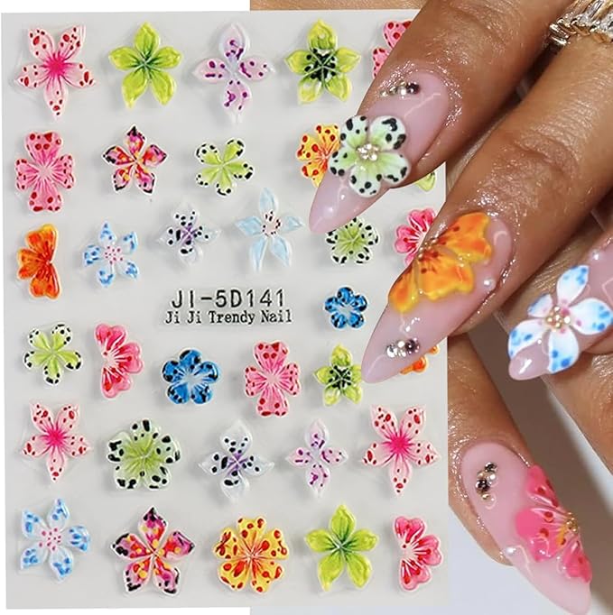 4 Sheets Flower Nail Stickers for Nail Art,5D Embossed Hibiscus Nail Decals Pink White Lily Hibiscus Tropical Floral Summer Spring Flower Nail Art Supplies for Women Girls Nail Decoration