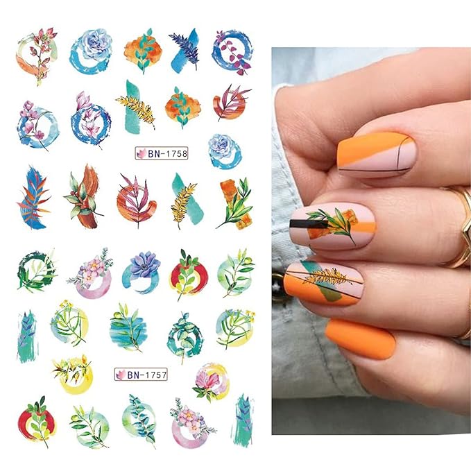 24 Sheets Flowers Nail Art Stickers, Holographic Floral Leaf Butterfly Nail Water Transfer Decals Design, Flower Nail Art Sticker Supplies for Women Girls Manicure Charms Decorations, Resin Nail Decal