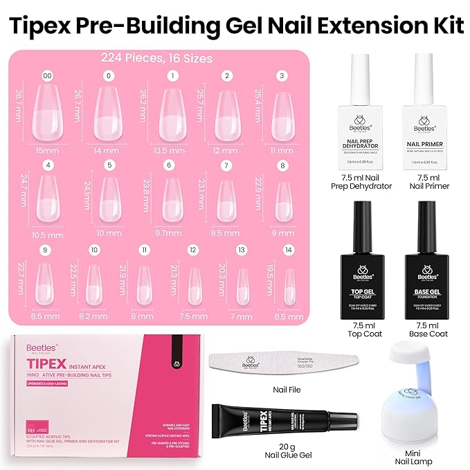 Beetles Tipex Pre-Building Instant Apex Nail Tips Kit – Coffin Medium, 224PCS in 16 Sizes | Pre-Etched, Thick Full Cover Acrylic Tips with Nail Glue, Dehydrator, Primer, Base & Top Coat, Mini UV Lamp