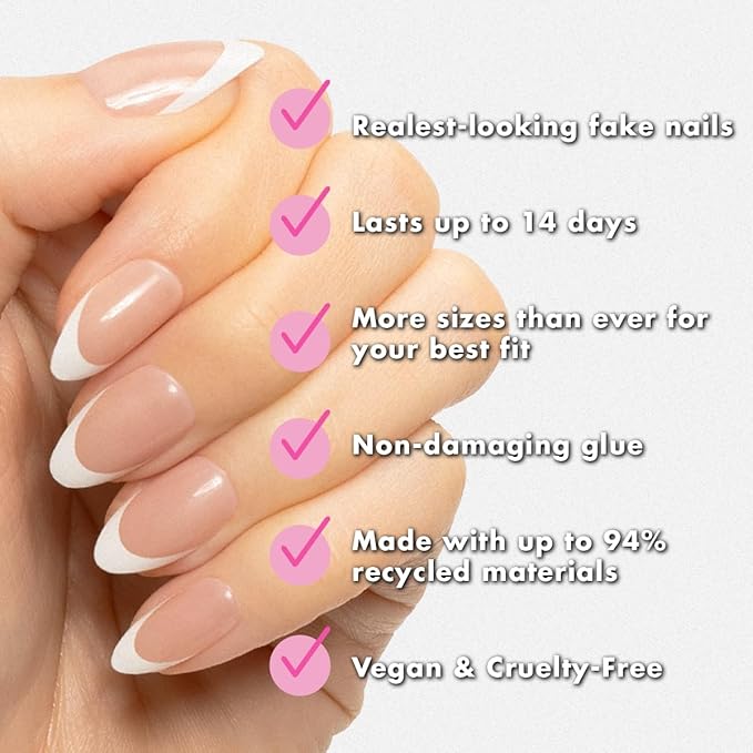 Olive & June Instant Mani Press-On Nails (Glue) | 42 Fake Nails, 21 Sizes | Non-Toxic, Long-Lasting Recycled Materials Realistic Look | Salon-Quality at Home | Medium, Almond | Iconic French