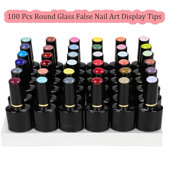 100 Pcs Round Glass False Nail Art Display Tips Transparent False Nail Tips for Nail Color Display with 100 Pcs Round Nail Crystal Double-Sided Adhesive