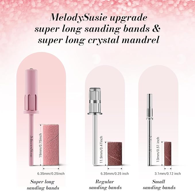 MelodySusie 50 Pcs Nail Drill Bits Super Long Sanding Bands with 6.65mm Crystal Mandrel Bit, 120 Medium Grit Nail File for Acrylic Nails Gel Manicures and Pedicure, Pink