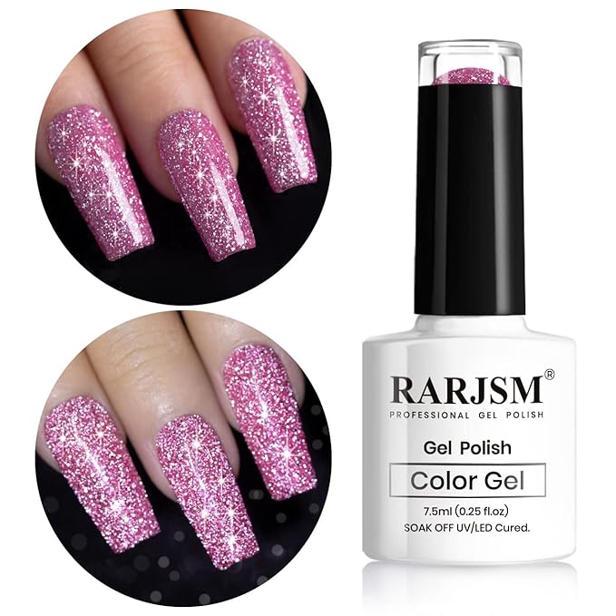 RARJSM Reflective Glitter Gel Polish Rose Pink Sparkle Rainbow Shimmer Gel Nail Polish Holographic 7.5ml Soak Off LED UV Bright Disco Diamond Nail Gelpolish Nail Art Manicure Salon DIY Home