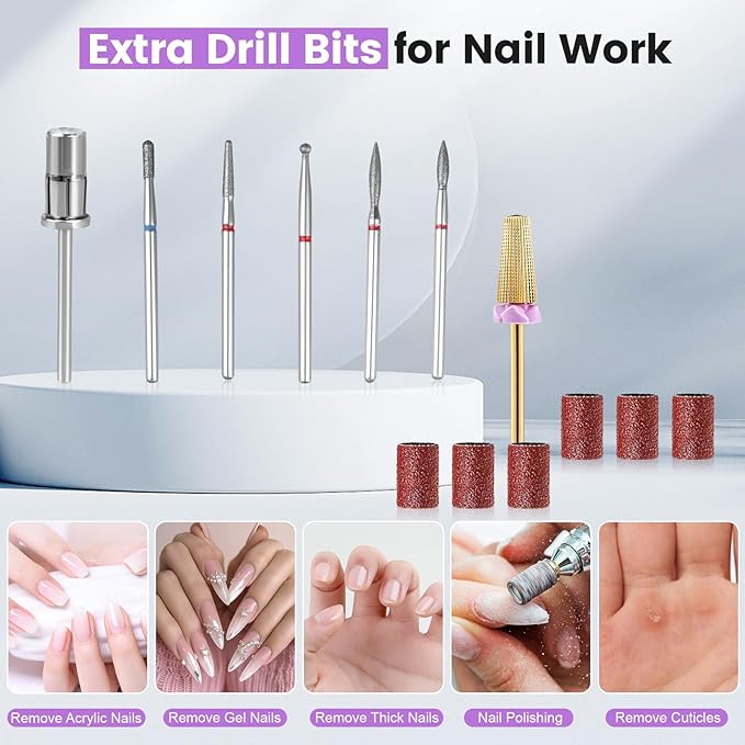Professional Nail Drill, 40,000RPM Electric Brushless Nail Drill, Rechargeable, Portable, Touch Control, Quiet, Vibration-Free, Cordless Nail File Machine with 7PCS Drill Bits