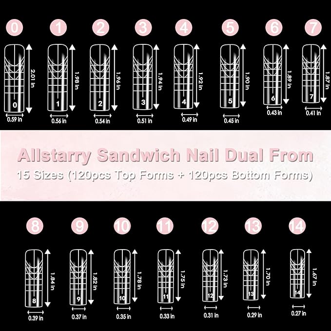 Allstarry Sandwich Dual Nail Forms, Reusable Sandwich Dual Forms 240pcs 15 Sizes Square Nail Extensions Plastic Poly Gel Nails Forms for Builder Gel No Paper Forms Needed Moldes Dual Nails Molds