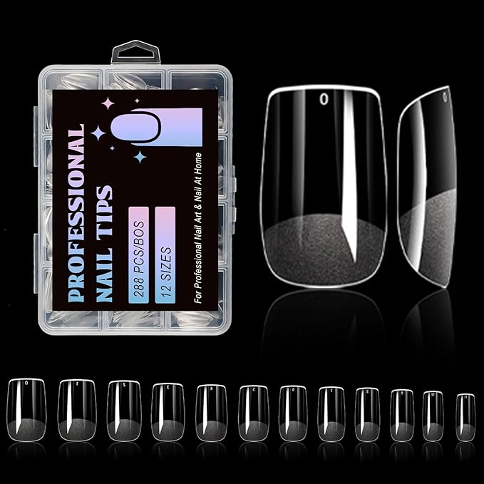Lsnisni Fake Nail Tips, 288PC Gel Acrylic Nail Tips,Clear Flat Square Press On Nails，Nail Supplies Suitable for Women or Girls to DIY Nails 12 Sizes For Your Choice!