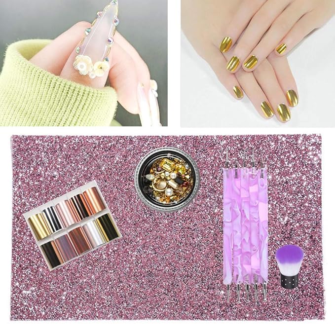 EBANKU Shiny Nail Art Table Mat, Foldable Nail Art Hand Pad Salon Practice Cushion Pad Portable Nail Art Manicure Tool