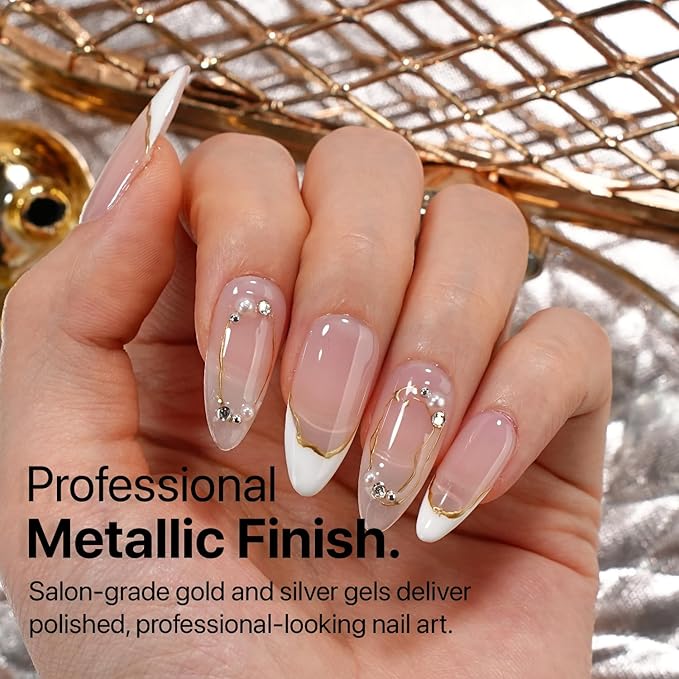 SXC Cosmetics Gel Liner Nail Art Set – Gold & Silver 2pcs Gel Liner Nail Art Chrome 3D High-Gloss Effect for Nail Paint Design with Thin Brush DIY French Manicure Curing Requires