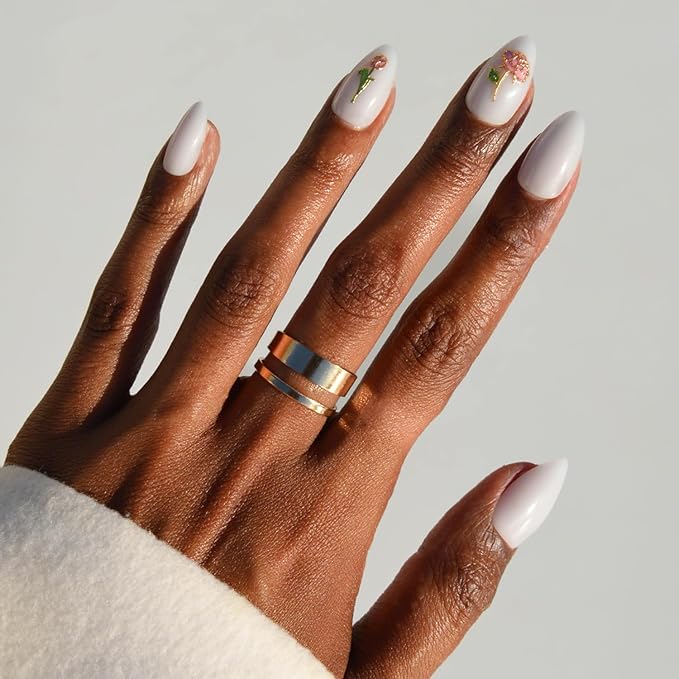 Valentines Day Glamnetic Press On Nails - Floral Glow | Short Almond Fake Nails in Milky White Base with 3D Rose Designs in a Glossy Finish, Salon Quality | 15 Sizes - 30 Nail Kit with Glue