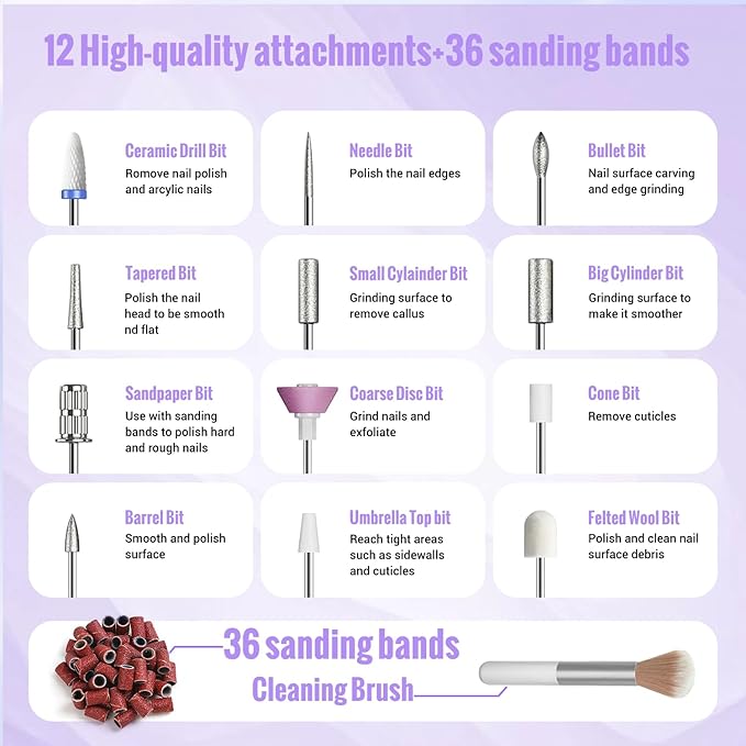 Cordless Electric Nail Drill Machine, 13 in 1 Nail File Kit 35000RPM Professional Portable Rechargeable E File for Acrylic Polish Gel Removal Manicure Pedicure Set with 5 Speeds Violet