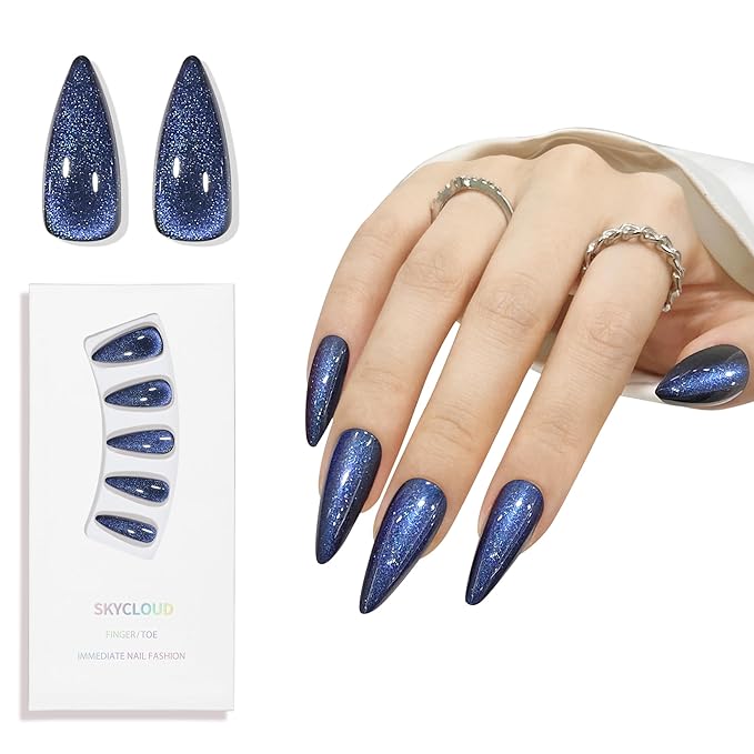 Sea Blue Almond Cat Eyes Press On Nails,12 Sizes - 24 Pcs Soft Gel Blue Medium Fake Nails Kit with Nail Glue, Natural Reusable Stick On False Nails for Women and Girls SK1007