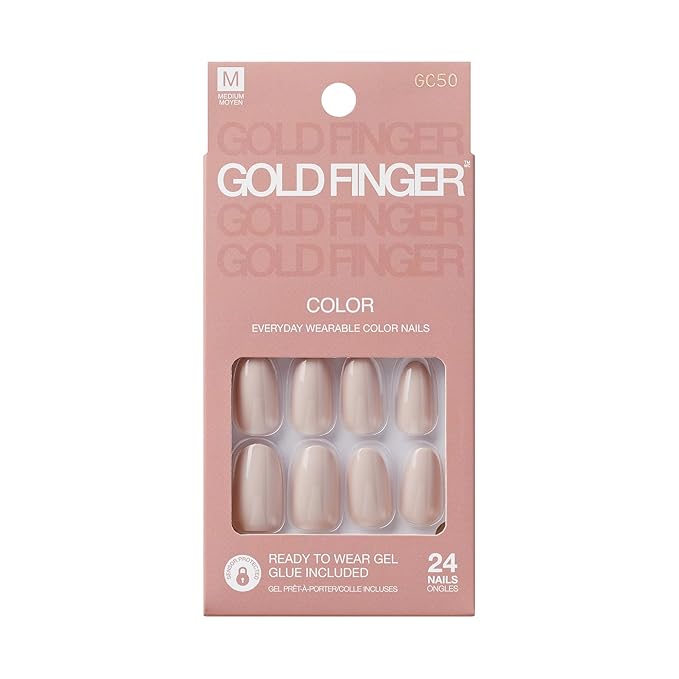 GoldFinger False Nails Kit, Ready to Wear Narual Beige Fake Nails, Manicure Stick and Glue Included, Medium Round Shape, Long-Lasting Hottest Trend Glue on Nails, Convenient & Easy to Apply