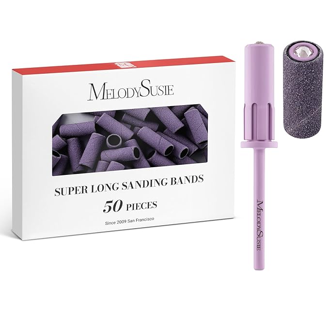MelodySusie 50 Pcs Nail Drill Bits Super Long Sanding Bands with 6.65mm Crystal Mandrel Bit, 180 Fine Grit Nail File for Acrylic Nails Gel Manicures and Pedicure, Purple