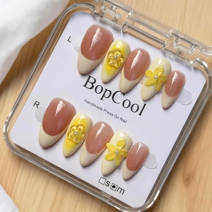 100% Handmade Press-On Nails,3D Flower & Leopard French Tips,Glossy Nude Medium Almond Shape | Spring/Summer DIY False Nails | Reusable Nail Art(10PCS-S)