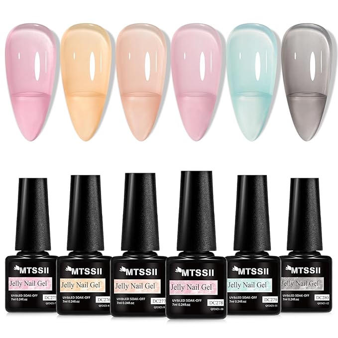 MTSSII Sheer Crytal Gel Nail Polish Set Jelly Gel Polish Kit 6 Colors Translucent Pink Blue Orange UV Nail Polish Glass Gel Polish Neutral Soak off Manicure Kit