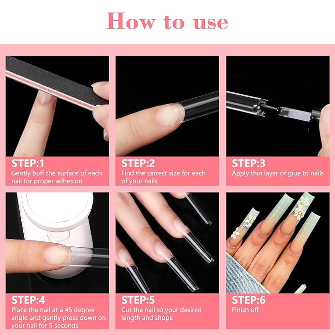 Clear Square 240PCS XXL Extra Long C Curve False Nail Tips for Acrylic Nails Professional, Half Cover Straight Nail Tips, Artificial Nails Extension Fake Nail Tips 12 Sizes