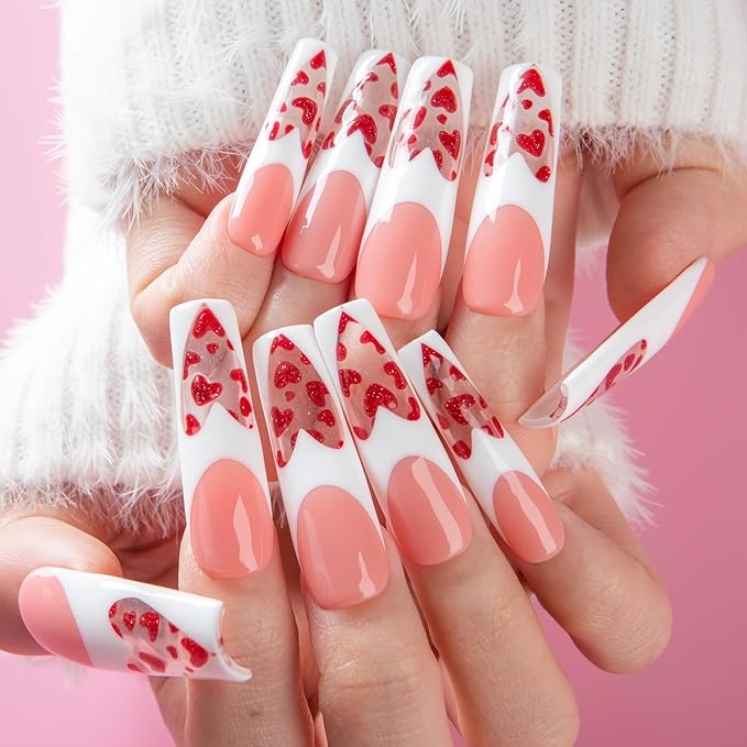 LOVFUL Valentine's Press on Nails Glass Heart | Handmade with Full Covered Crystals | Reusable Fake Nails | Square Mid length 1.7in | H742-M