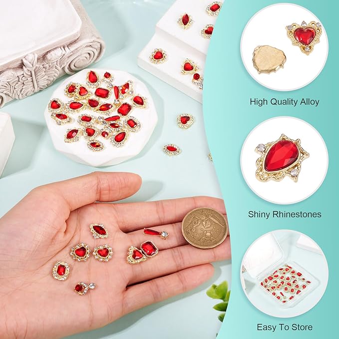 KISSITTY 48pcs Nail Art Rhinestones Flat Back Rhinestone Crystal Cabochons Red Color Heart Teardrop Rectangle Shape Small Embellishments for Nail Art Craft Decoration Jewelry Making