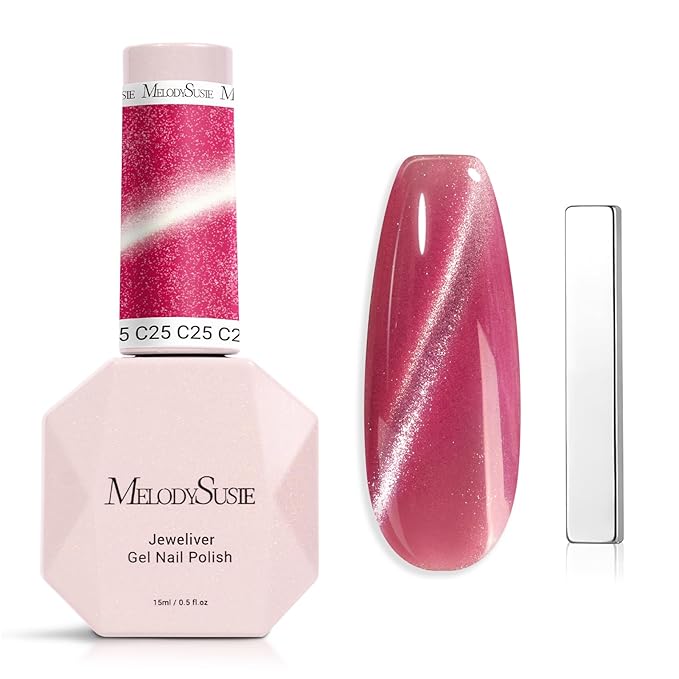 MelodySusie Jeweliver Cat Eye Gel Nail Polish, 0.5 Fl Oz Hot Pink Glitter Holographic Magnetic Nail Polish with Magnet, UV Nail Polish for Nail Art Manicure Salon DIY at Home C25