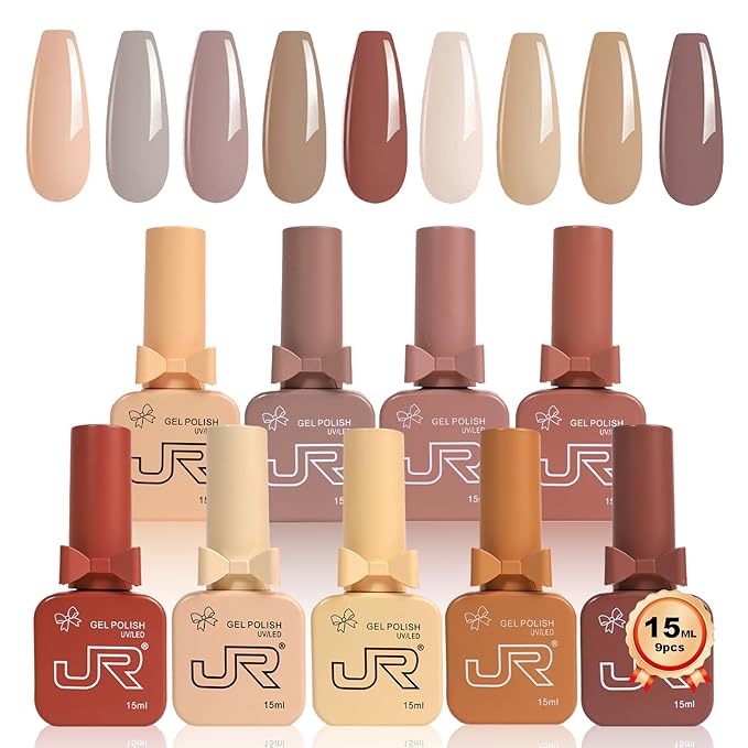 JR 9pcs 15ml Gel Nail Polish Set Light Brown Nude Fall Gel Polish Kit UV LED Soak Off Polish Home DIY Brown Gel Polish Set 15ml