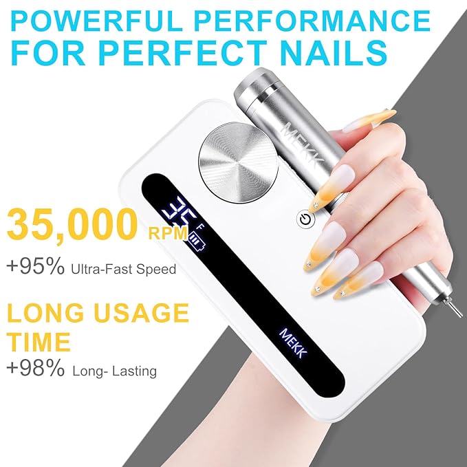 MEKK Nail Drill Kit,35000RPM Electric Nail Drill Professional Electric Nail File with 12PCS Bits,Anti-Shaking Cordless E Filer for Nails,Home & Salon(White)