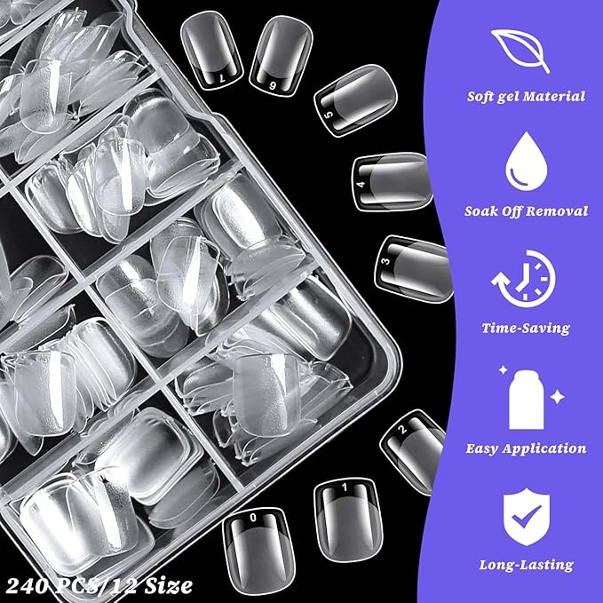 240pc Extra Short Gel Nail Tips Square Fake Nails Clear Press ons Nail, XS Short Square Nails Tips Acrylic Nails Extension Soft Gel Nails Tip Full Cover False Nail Clear Artficial Fingernails