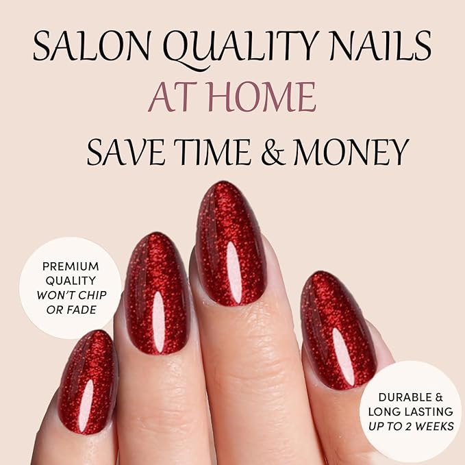 Red Glitter Press On Nails Almond -Short Press On Nails with Nail Glue, Fit Perfectly & Natural Reusable Stick On Nails in 12 Sizes - 24PCS Soft Gel Glue On Nails Kit