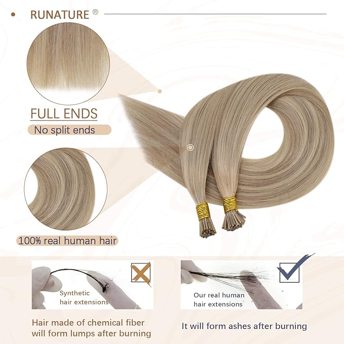 RUNATURE I Tip Hair Extensions Human Hair Blonde I Tip Hair Extensions Human Hair 18 Inch Itip Extensions Golden Blonde with Light Blonde Pre Bonded Hair Extension Soft Remy Hair 50g 50s
