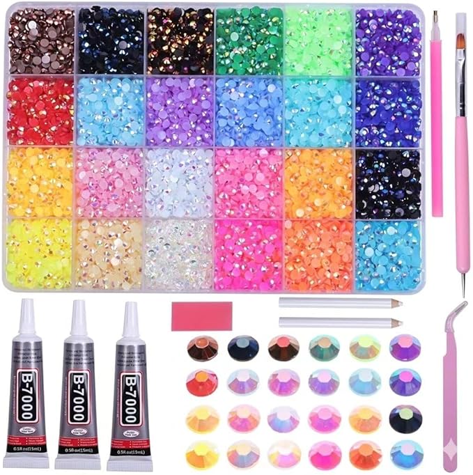 Bedazzling Kit 19200Pcs 3mm Flatback Rhinestones，24 Colors Jelly Resin Gems with 3Pcs B7000 Jewelry Glue for Clothes Crafts Shoes Decor NAI (24 Colors)