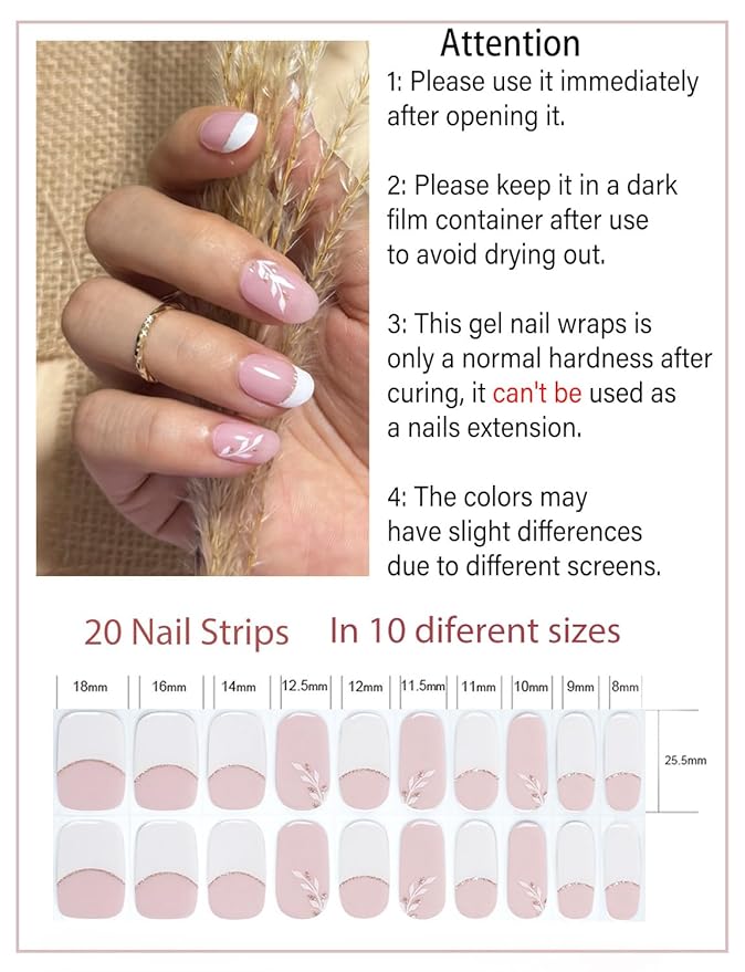 Semi Cured Gel Nail Strips, 20pcs French Leaf, Glitter, Gel Nail Stickers UV for Home Nails DIY