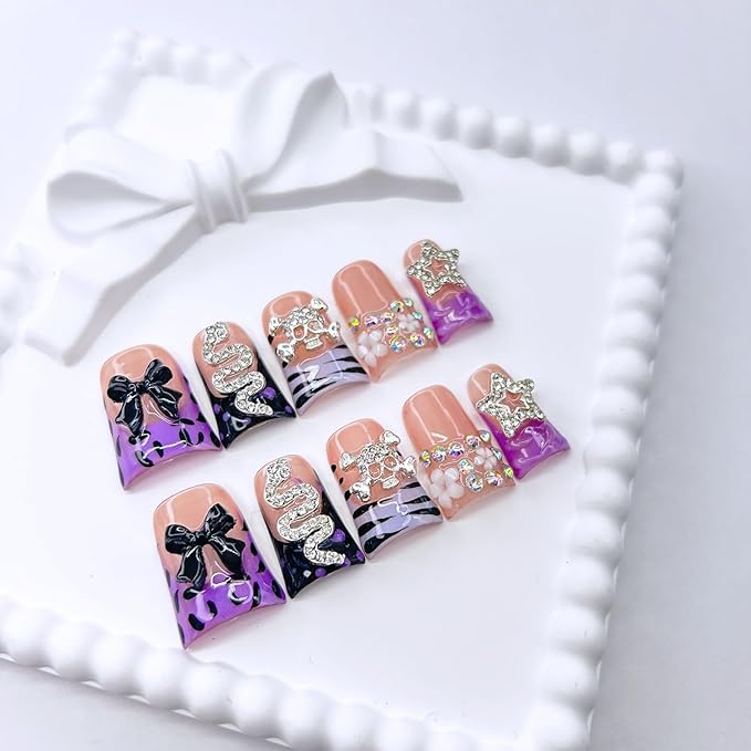 10 Pcs Handmade Press on Nails Duck 3D Luxury Rhinestone False Nails with Bow Stars Design Full Cover Thick French Tip Fake Nails Acrylic Reusable Stick on Nails for Women Grils DIY Decoration（Size M）