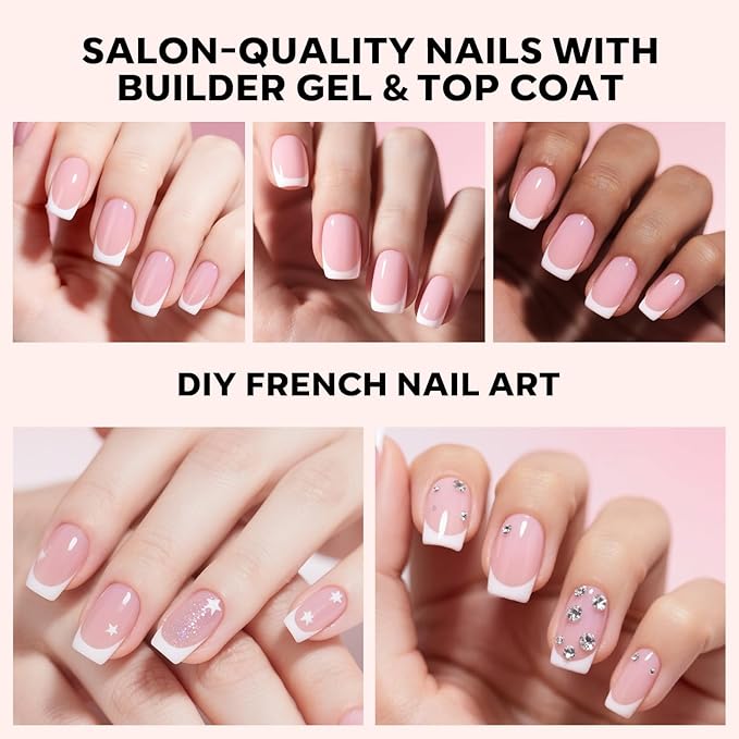 Modelones Gel Nail Kit, Top Coat Nail Glue for Nail Tips Builder Nail Gel 160 PCS Short Brown Square French Tip Press on Nails with LED Light for Easy DIY Nail Art Kit