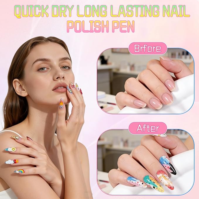 12 Colors Nail Art Pens Set,2026 Upgraded Nail Art Markers for Gel Nails,Quick Dry Long Lasting Nail Polish Pen,DIY 3D Drawing Dotting Painting Nails Liner Brush for Dotting Painting Home Use(B)