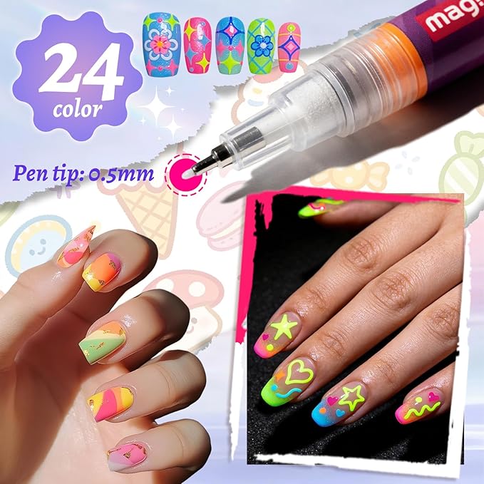 24 Color Nail Art Pens, Classic & Neon Nail Markers Set 0.5 MM Fine Tip Nail Polish Pens Drawing Painting Point Liner Painted Pen Kit, Waterproof DIY Nails Art Design Manicure Tools