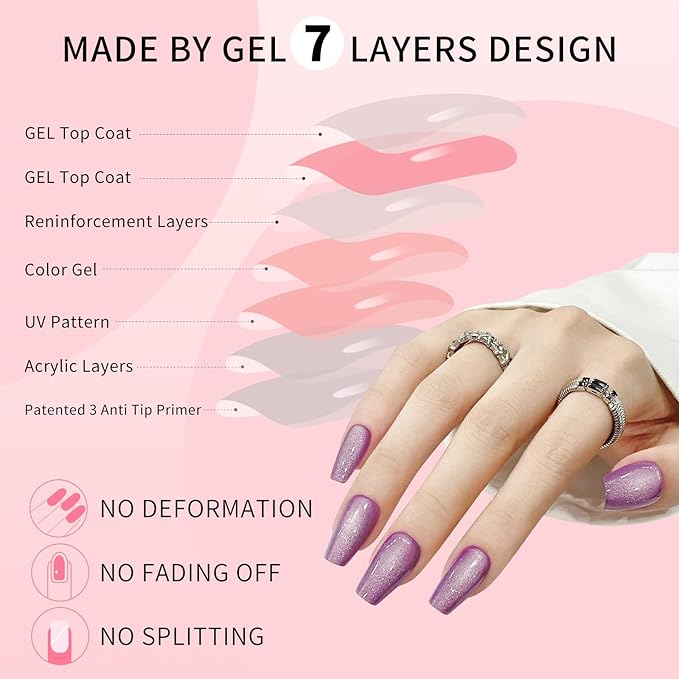 Purple Cat Eyes Press On Nails - 24 Pcs Soft Gel Medium Coffin Fake Nails Kit With Glue, 12 Sizes, Natural Reusable Stick On False Nails for Women and Girls (Skycloud Purple) SK0860