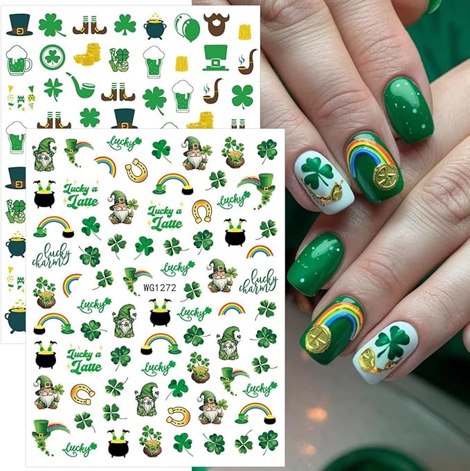 8 Sheets St Patricks Day Nail Art Stickers Set Green Shamrock Stickers for Nails 3D Self-Adhesive Design Decals Irish Personalized Lucky Clover Nail Sticker for Women DIY Manicure Decoration