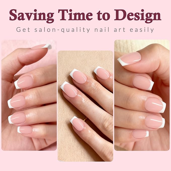 120PC White French Tip Press on Nails Short Fake Nails Press ons with 5*Adhesive Tabs, Pink Coffin Acrylic Nail Press on Nail French Tip Nails False Artificial Fingernails Stick on Nails-H