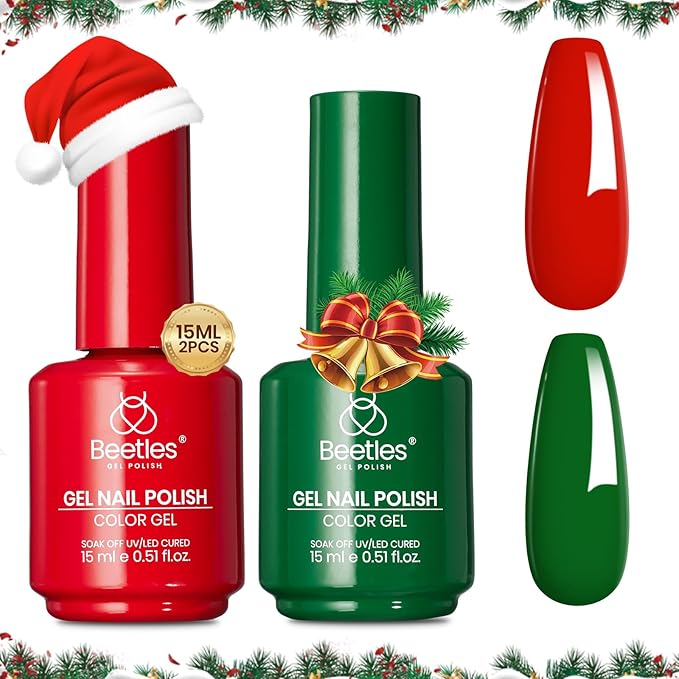 Beetles Green Red Gel Polish Set - Red Green Gel Polish Classic Spring Colors Soak off UV Led Lamp Needed Manicure Salon DIY Home Gifts for Women Girls Prelude of Celebration