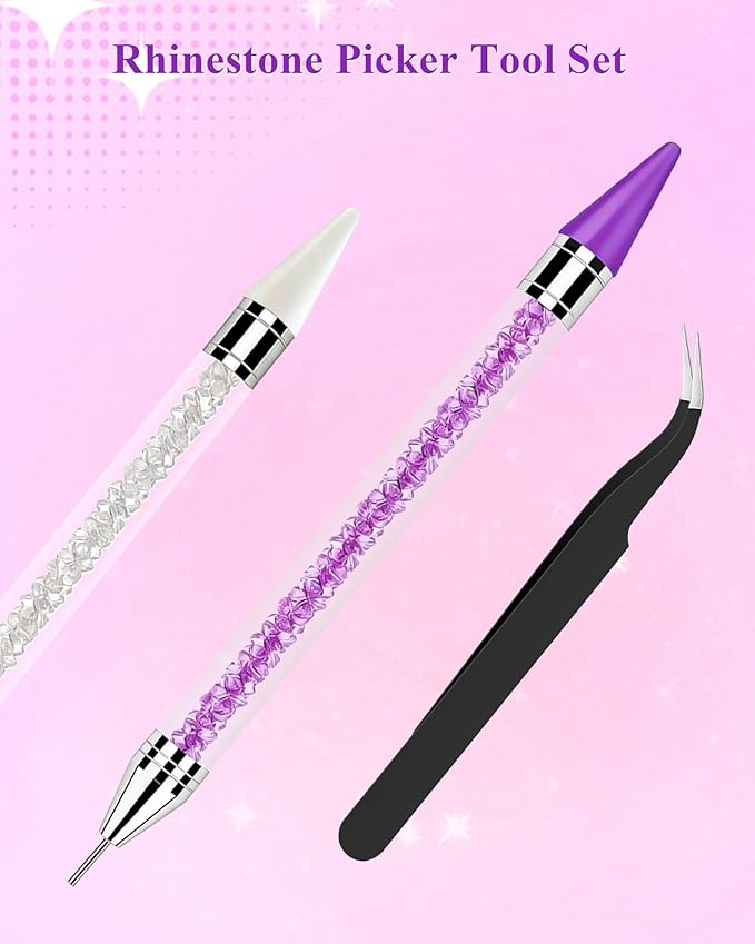 Difenni Rhinestone Picker Tool, Wax Pencil for Rhinestones Tool, Dual-Ended DIY Nail Bedazzling Tools with 2 Extra Purple and 2 Extra White Replaceable Wax Head and 1 Tweezer(Purple and White)