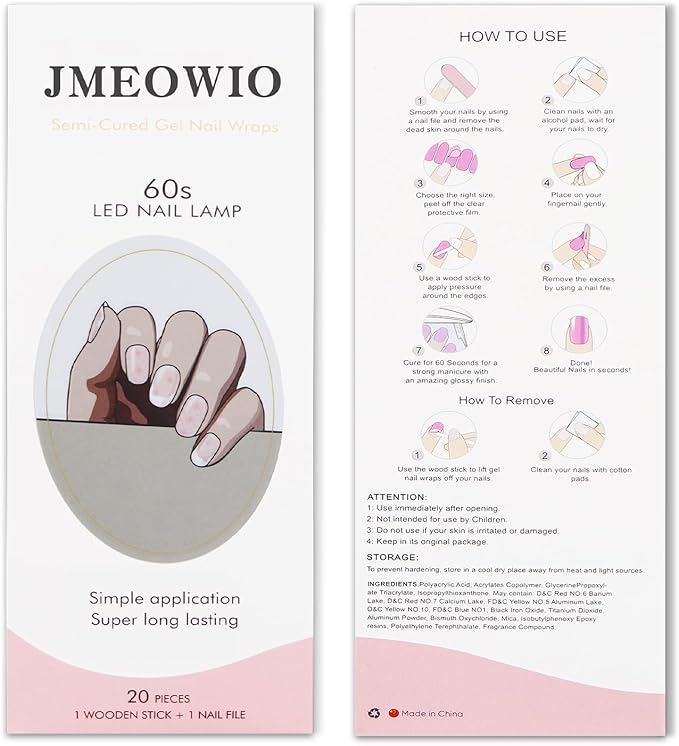 JMEOWIO Gel Nail Stickers French Tip White Pink Flower Semi Cured Gel Nail Strips Wraps UV/LED Nails Art Design Decoration Accessories