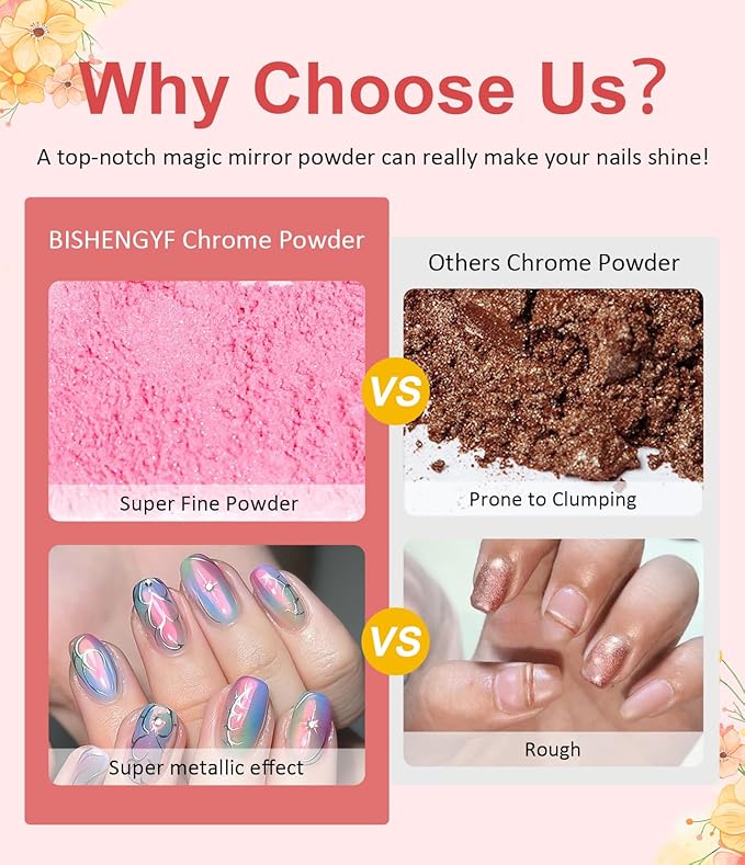 Chrome Nail Powder BISHENGYF -【Fairy Effect】 Gold Chrome Nail Powder Aurora Mermaid White Pearl Pink Chrome Powder for Nails, Metallic Mirror Pigment Glitter Dust for Manicure Decoration DIY