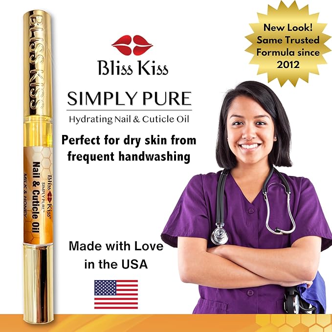 Bliss Kiss | 1 Milk & Honey | Nail Oil Cuticle Pen w/Vitamin E & Jojoba⏤Nail Strengthener Nail Growth Serum for Brittle Peeling Breaking Thin Nails