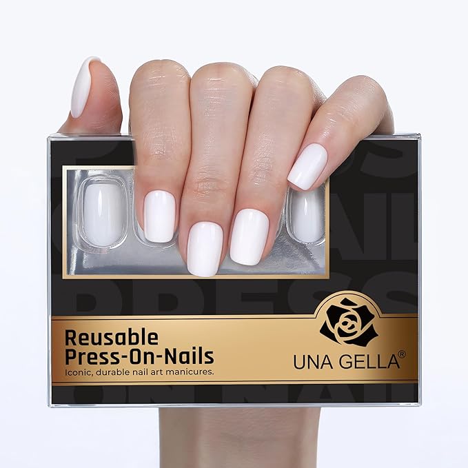 UNA GELLA Soft Gel Press on Nails - 32 Pcs 16 Sizes Glossy Milky White Short Square Fake Nails with Glue & Adhesive Tabs, Reusable Full Cover False Nails Kit, Salon Quality DIY Manicure Set